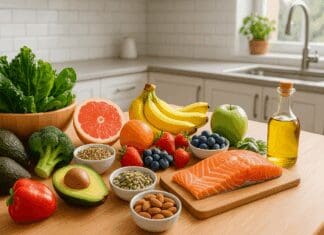 Bright kitchen counter with leafy greens, fruits, salmon, nuts, and seeds representing nutritional daily requirements