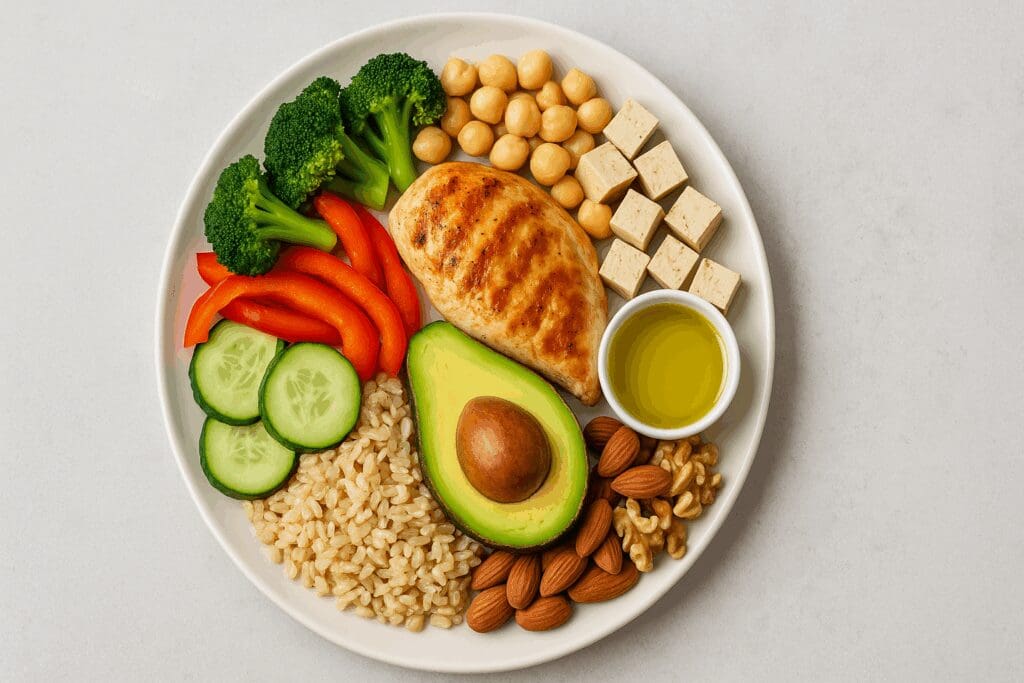 Balanced meal plate illustrating nutritional daily requirements with vegetables, brown rice, grilled chicken, tofu, avocado, olive oil, and nuts.