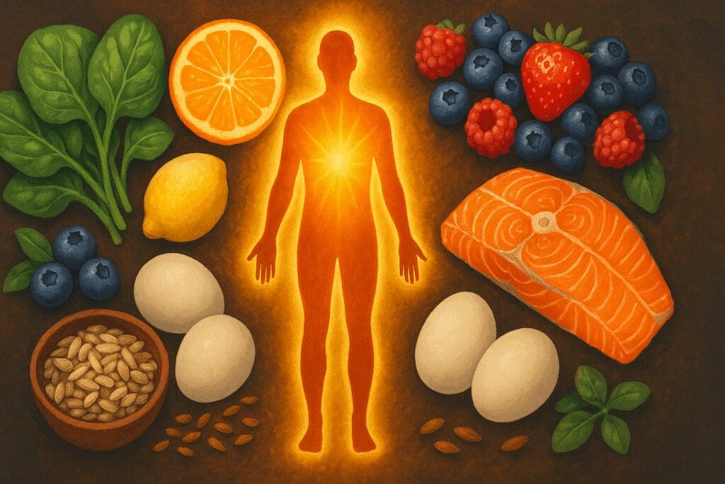 Human silhouette glowing with vitality surrounded by salmon, eggs, berries, citrus fruits, spinach, and seeds to illustrate nutritional daily requirements