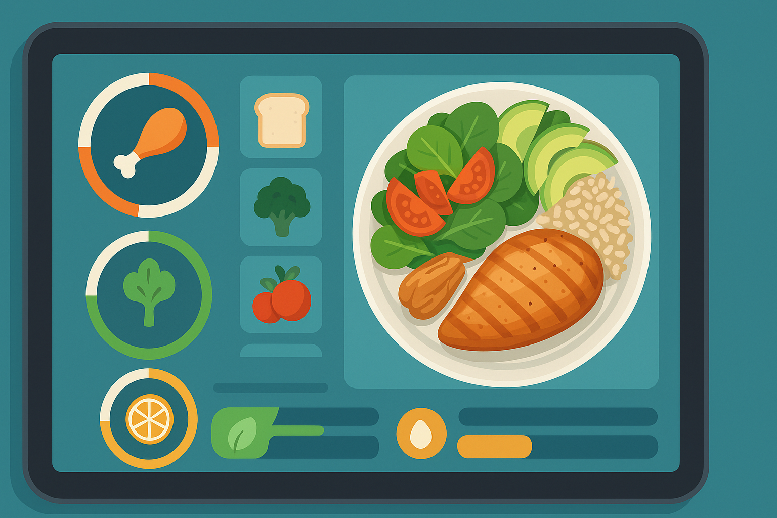 Digital tablet screen showing a nutrient tracking dashboard with protein, fiber, and vitamin C gauges beside a healthy meal, illustrating nutritional daily requirements.
