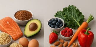Salmon, eggs, quinoa, and avocado on one side; berries, kale, carrots, and nuts on the other, illustrating what are the 2 categories of nutrients.