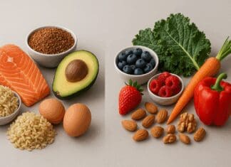 Salmon, eggs, quinoa, and avocado on one side; berries, kale, carrots, and nuts on the other, illustrating what are the 2 categories of nutrients.