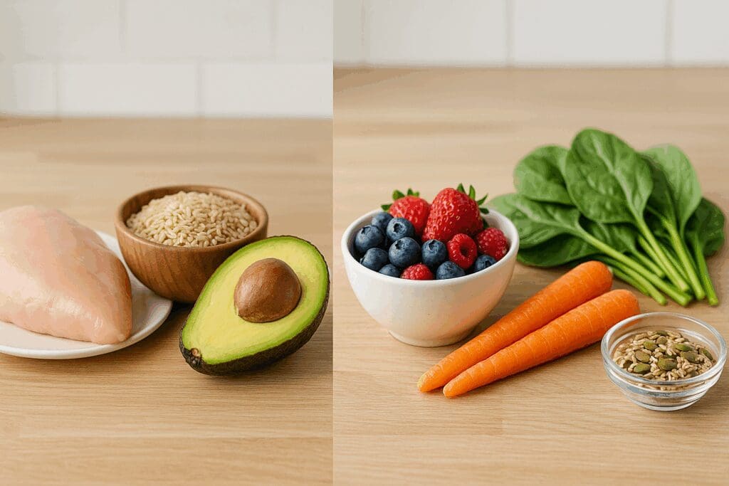 Split image of macronutrient foods like chicken and brown rice beside micronutrient-rich berries, carrots, and spinach, illustrating what are the 2 categories of nutrients.