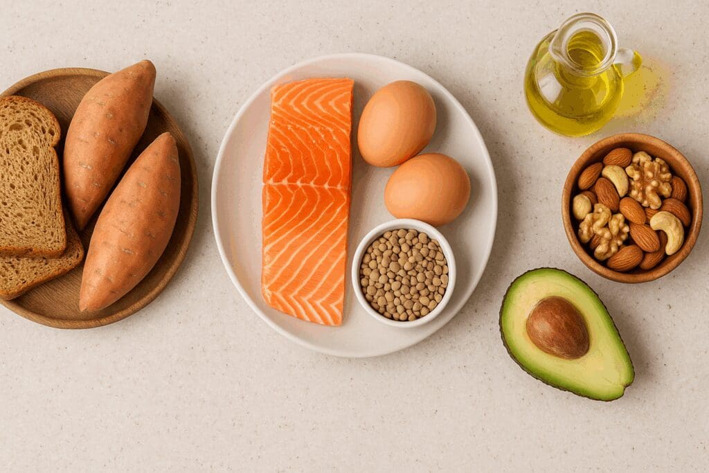 Top-down view of foods grouped by macronutrients—carbs, proteins, and fats—illustrating what are the 2 categories of nutrients visually.