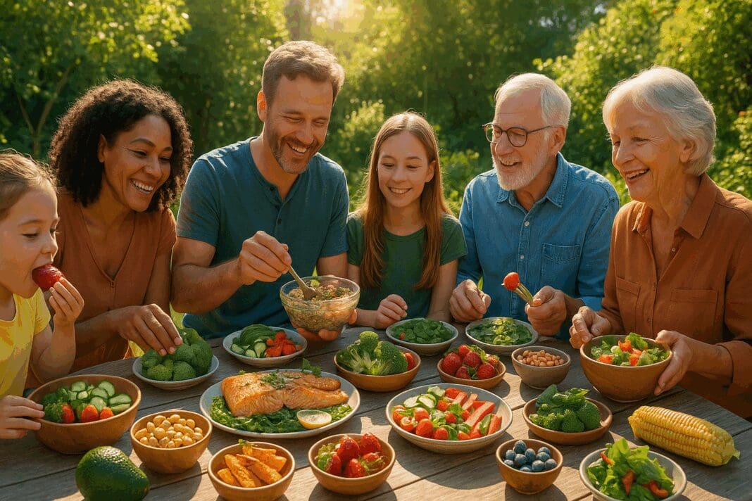 Multigenerational family enjoying a vibrant outdoor meal with fruits, vegetables, and salmon, illustrating why is nutrition important for lifelong health and connection.