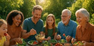 The Vital Truth About Why Is Nutrition Important for Lifelong Health and Energy Multigenerational family enjoying a vibrant outdoor meal with fruits, vegetables, and salmon, illustrating why is nutrition important for lifelong health and connection.