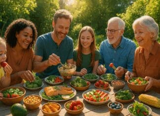 Multigenerational family enjoying a vibrant outdoor meal with fruits, vegetables, and salmon, illustrating why is nutrition important for lifelong health and connection.