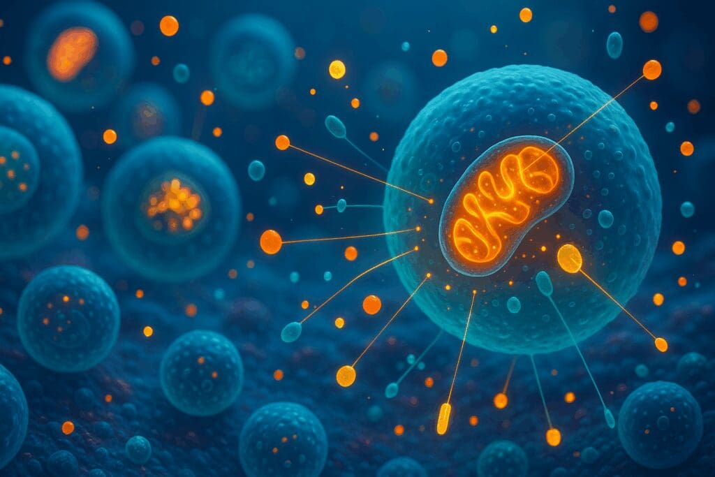 3D-rendered human cells with glowing mitochondria and highlighted nutrient pathways showing cellular regeneration, visualizing why nutrition is important