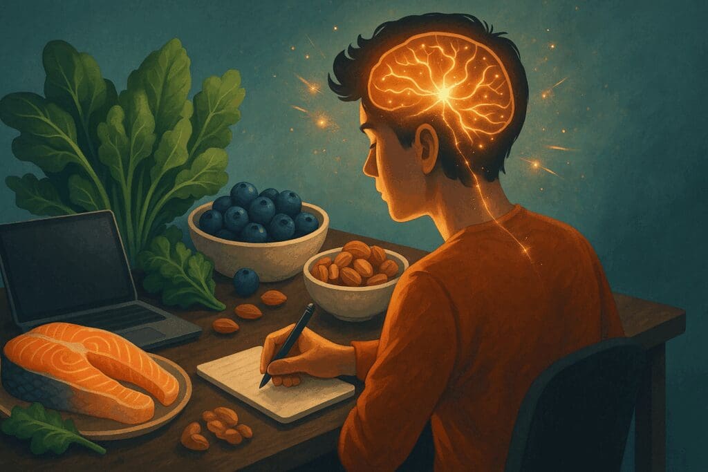 Focused student at desk with glowing brain and healthy foods like salmon, berries, and leafy greens, illustrating why is nutrition important for mental clarity.