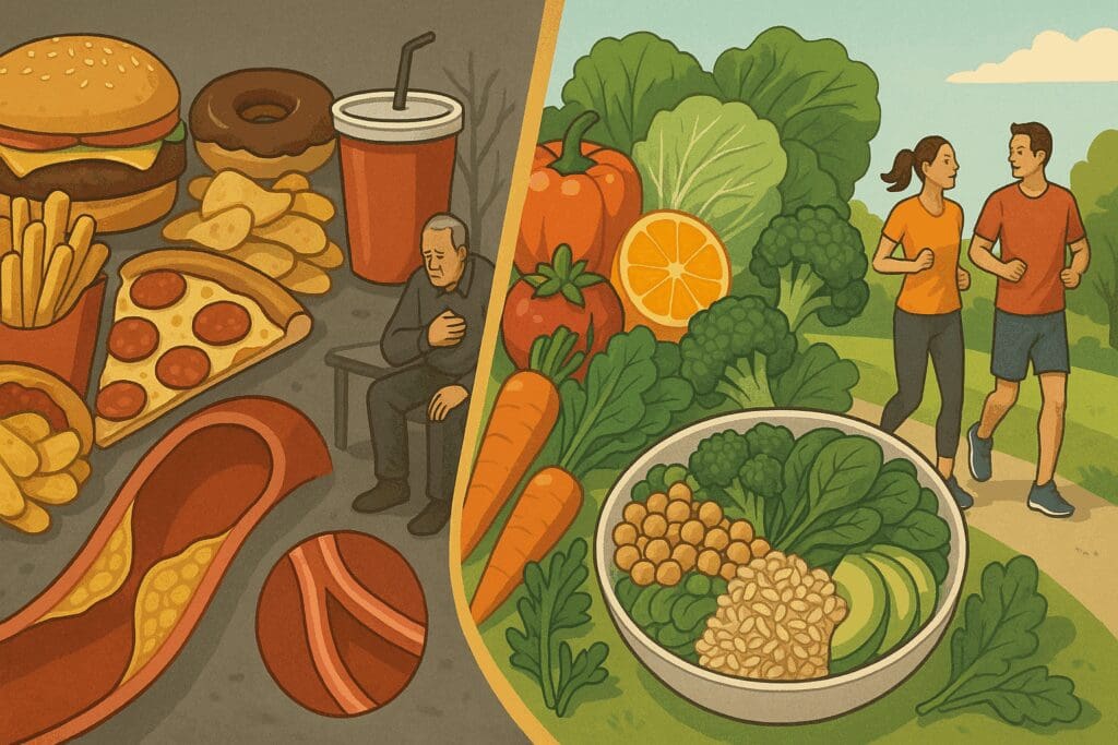 Split illustration showing why is nutrition important with junk food linked to clogged arteries and plant-based meals promoting heart health and activity