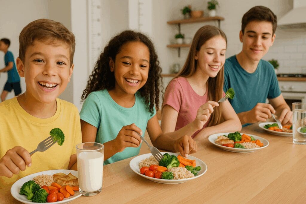 Children and teens eating colorful balanced meals in a kitchen, showing why nutrition is important for growth and development.