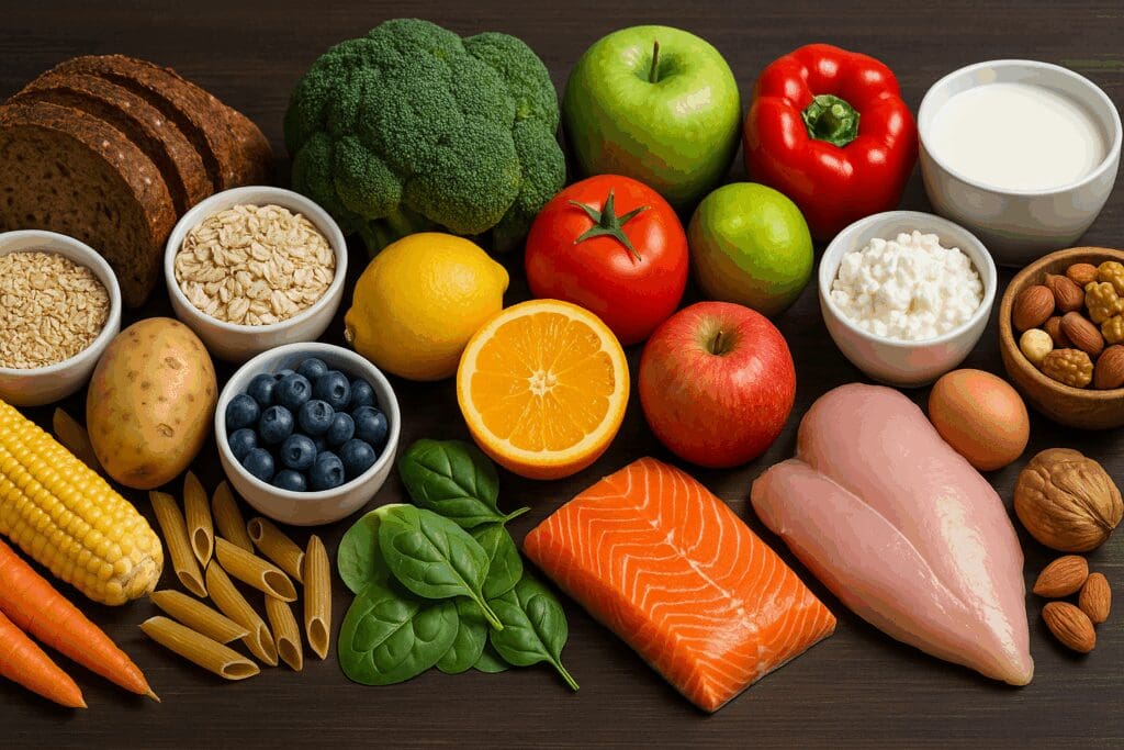 Colorful assortment of whole foods arranged by food group, illustrating why nutrition is important for a balanced modern diet
