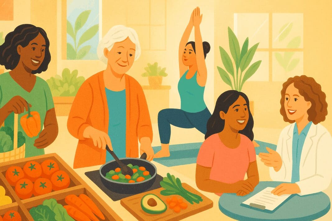 Diverse women engaging in healthcare for women activities like yoga, nutrition counseling, and cooking with fresh produce in a bright wellness space