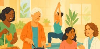 The Essential Role of Nutrition in Preventive Healthcare for Women Diverse women engaging in healthcare for women activities like yoga, nutrition counseling, and cooking with fresh produce in a bright wellness space