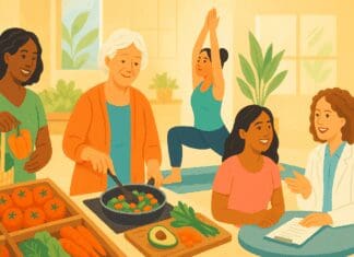 Diverse women engaging in healthcare for women activities like yoga, nutrition counseling, and cooking with fresh produce in a bright wellness space