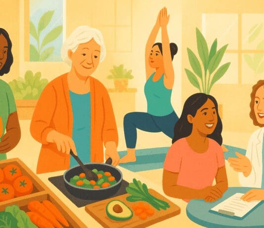 Diverse women engaging in healthcare for women activities like yoga, nutrition counseling, and cooking with fresh produce in a bright wellness space
