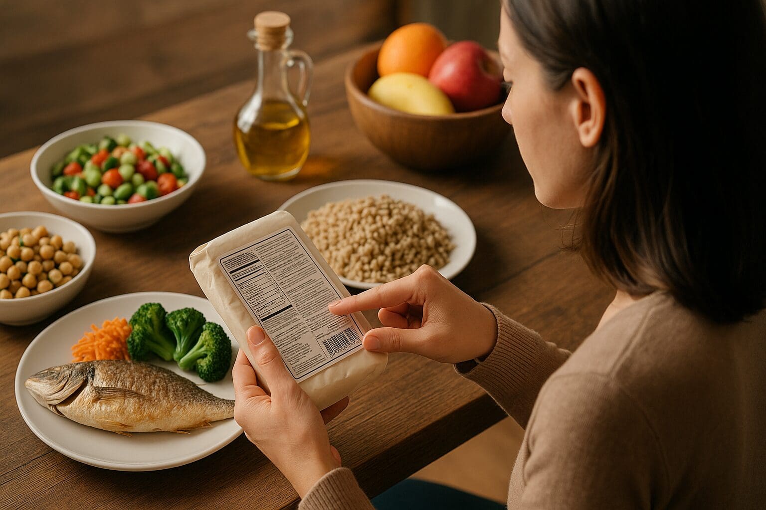 Woman reading nutrition label at a Mediterranean meal table, promoting mindful eating and healthcare for women