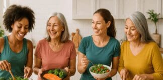 The Vital Nutrition Rules Every Woman Eat to Stay Healthy and Energized Diverse group of woman eat healthy meals with salmon, leafy greens, berries, and legumes in a bright modern kitchen.