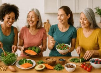 Diverse group of woman eat healthy meals with salmon, leafy greens, berries, and legumes in a bright modern kitchen.