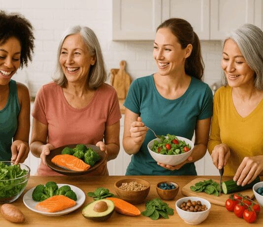 Diverse group of woman eat healthy meals with salmon, leafy greens, berries, and legumes in a bright modern kitchen.