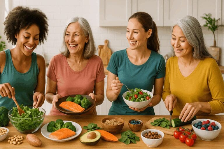 Diverse group of woman eat healthy meals with salmon, leafy greens, berries, and legumes in a bright modern kitchen.