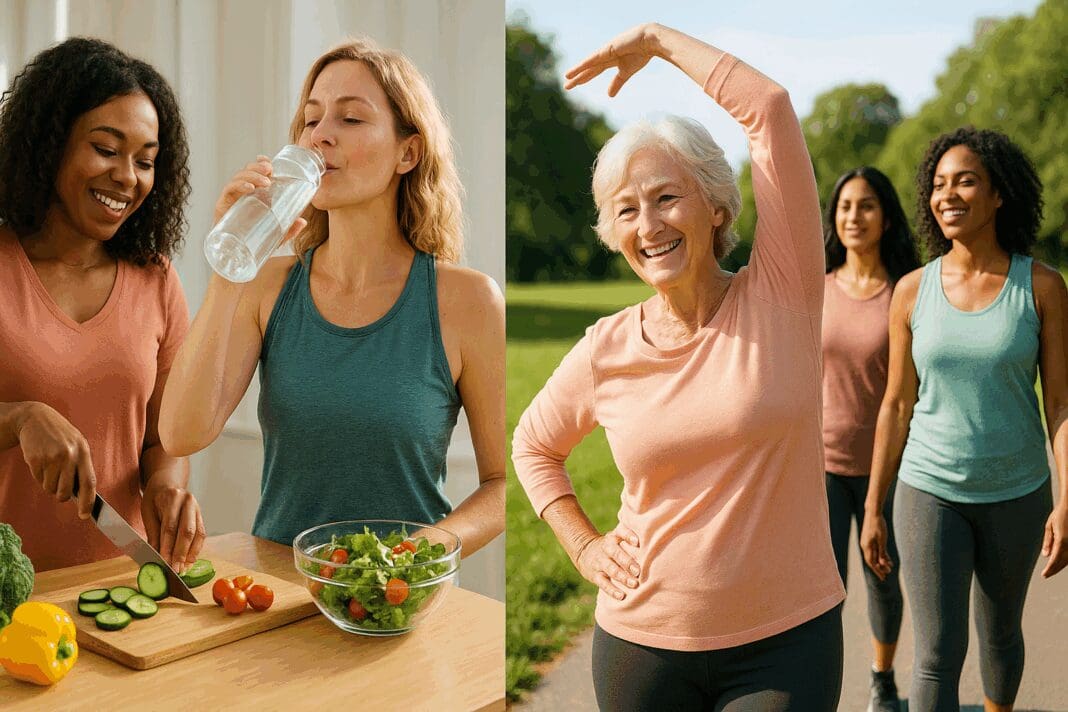 Diverse group of women engaging in womens daily wellness routines like meal prepping, hydrating, stretching, and walking outdoors.