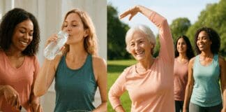 Essential Nutrition Tips to Support Womens Daily Health Goals Diverse group of women engaging in womens daily wellness routines like meal prepping, hydrating, stretching, and walking outdoors.