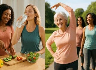 Diverse group of women engaging in womens daily wellness routines like meal prepping, hydrating, stretching, and walking outdoors.
