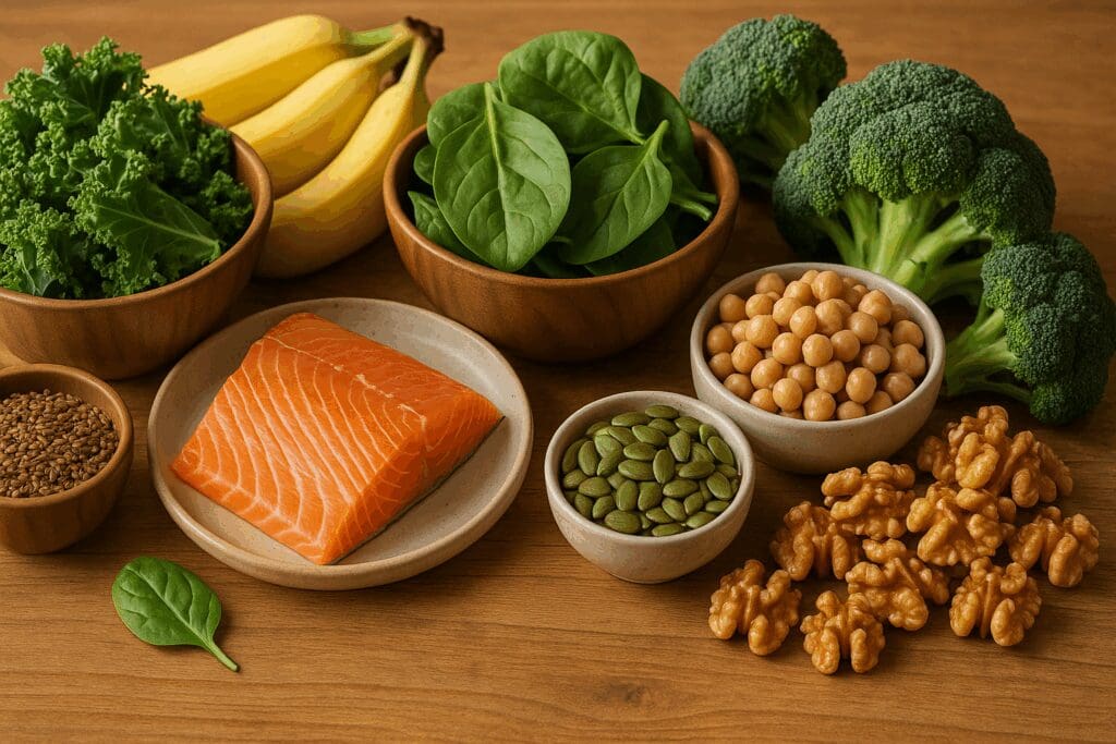 Womens daily nutrient-rich foods including salmon, leafy greens, bananas, flaxseeds, chickpeas, walnuts, and broccoli on a wooden kitchen counter