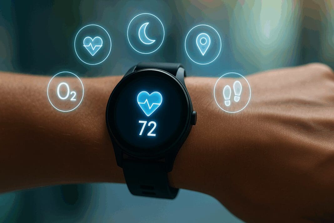 Modern best fitness watch on a wrist with glowing holographic icons for heart rate, GPS, sleep, steps, and oxygen tracking.