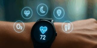 The Ultimate Guide to Choosing the Best Fitness Watch for Your Health Goals Modern best fitness watch on a wrist with glowing holographic icons for heart rate, GPS, sleep, steps, and oxygen tracking.