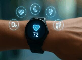 The Ultimate Guide to Choosing the Best Fitness Watch for Your Health Goals Modern best fitness watch on a wrist with glowing holographic icons for heart rate, GPS, sleep, steps, and oxygen tracking.