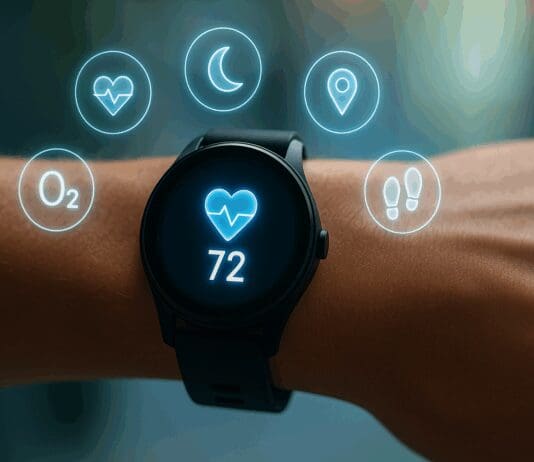 The Ultimate Guide to Choosing the Best Fitness Watch for Your Health Goals Modern best fitness watch on a wrist with glowing holographic icons for heart rate, GPS, sleep, steps, and oxygen tracking.