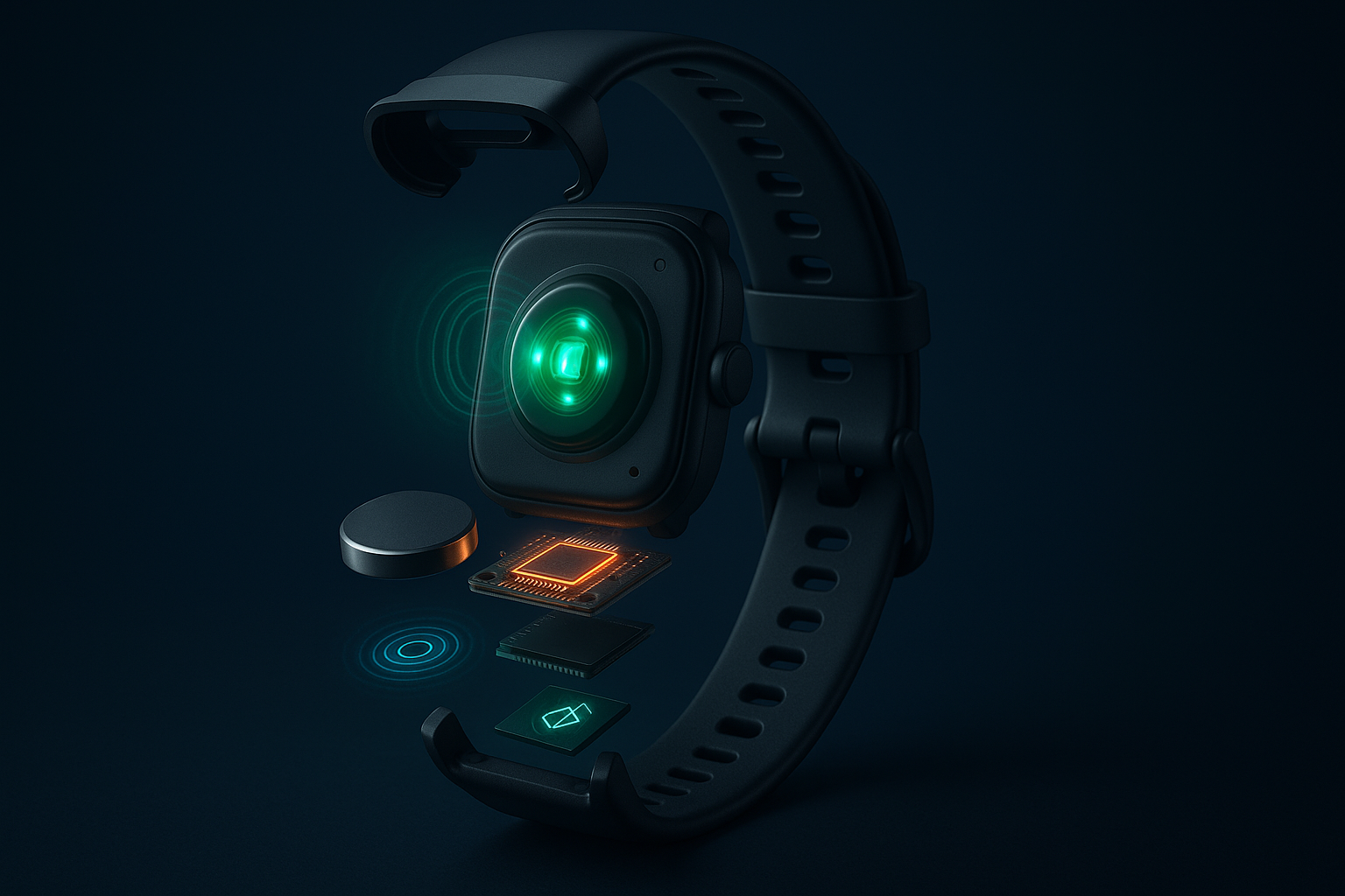 Exploded view of the best fitness watch showing internal components like heart rate sensor, GPS antenna, and processor chip glowing in a dark setting.