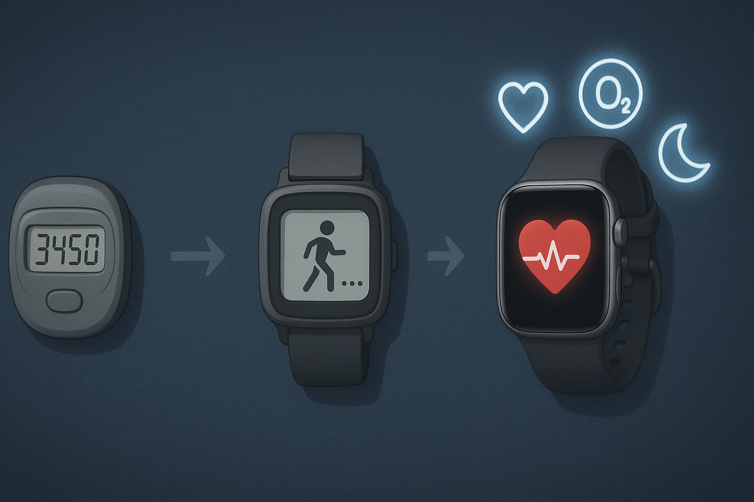 Progression from a basic pedometer to the best fitness watch with glowing biometric icons for heart rate, sleep, oxygen, and GPS.