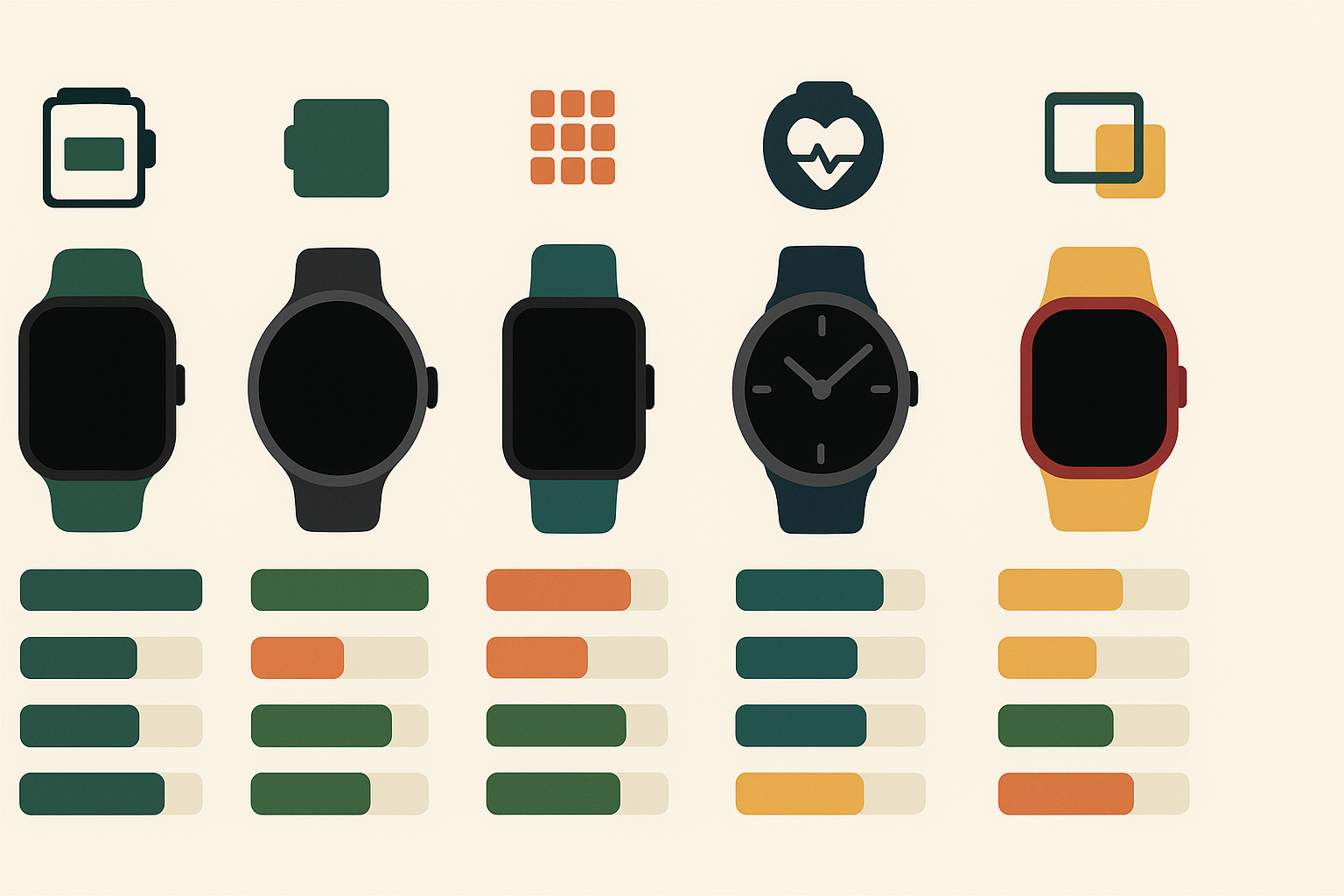 Infographic comparing five best fitness watch brands by battery life, health tracking, smart features, and app design using icons and color bars