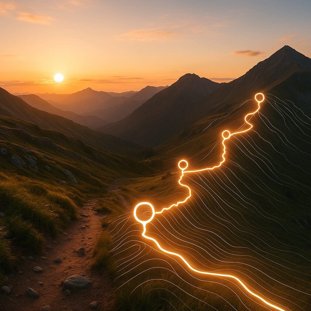 Mountain hiking trail at sunrise with GPS path, elevation lines, and waypoints displayed through the best fitness watch interface