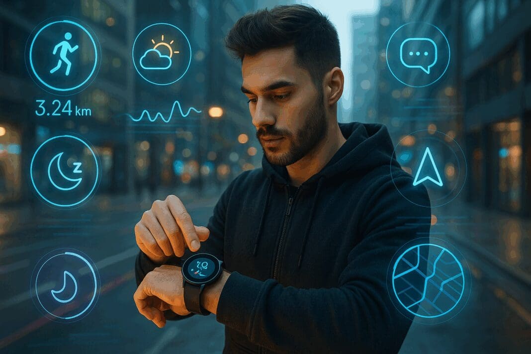 Tech-savvy man using the best app for smart watches in android, interacting with futuristic smartwatch features like fitness, weather, and navigation in a smart city.