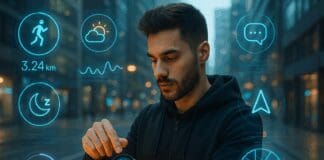 Top 7 Powerful Picks for the Best App for Smart Watches in Android Tech-savvy man using the best app for smart watches in android, interacting with futuristic smartwatch features like fitness, weather, and navigation in a smart city.