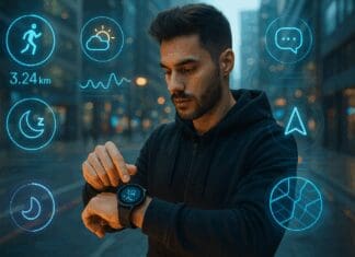 Top 7 Powerful Picks for the Best App for Smart Watches in Android Tech-savvy man using the best app for smart watches in android, interacting with futuristic smartwatch features like fitness, weather, and navigation in a smart city.