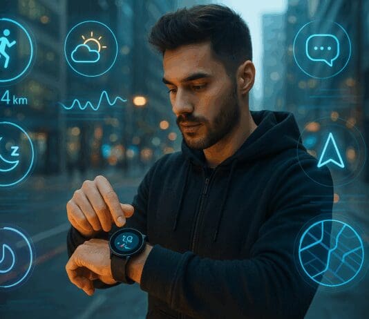 Top 7 Powerful Picks for the Best App for Smart Watches in Android Tech-savvy man using the best app for smart watches in android, interacting with futuristic smartwatch features like fitness, weather, and navigation in a smart city.