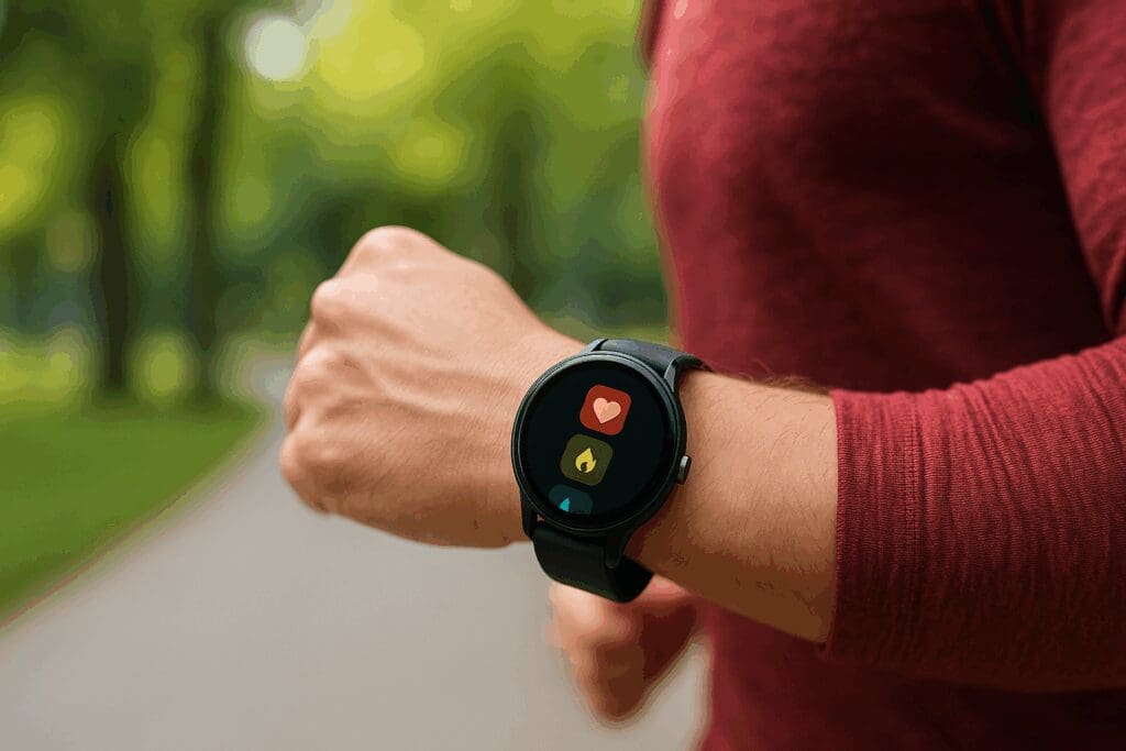 Jogger checking biometric health stats on smartwatch screen while running, showing the best app for smart watches in android.