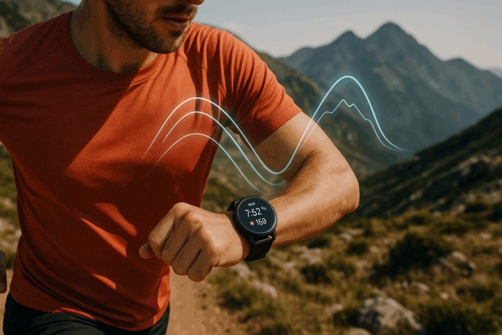 Runner checking pace and heart rate on a smartwatch while trail running in the mountains, using the best app for smart watches in android.