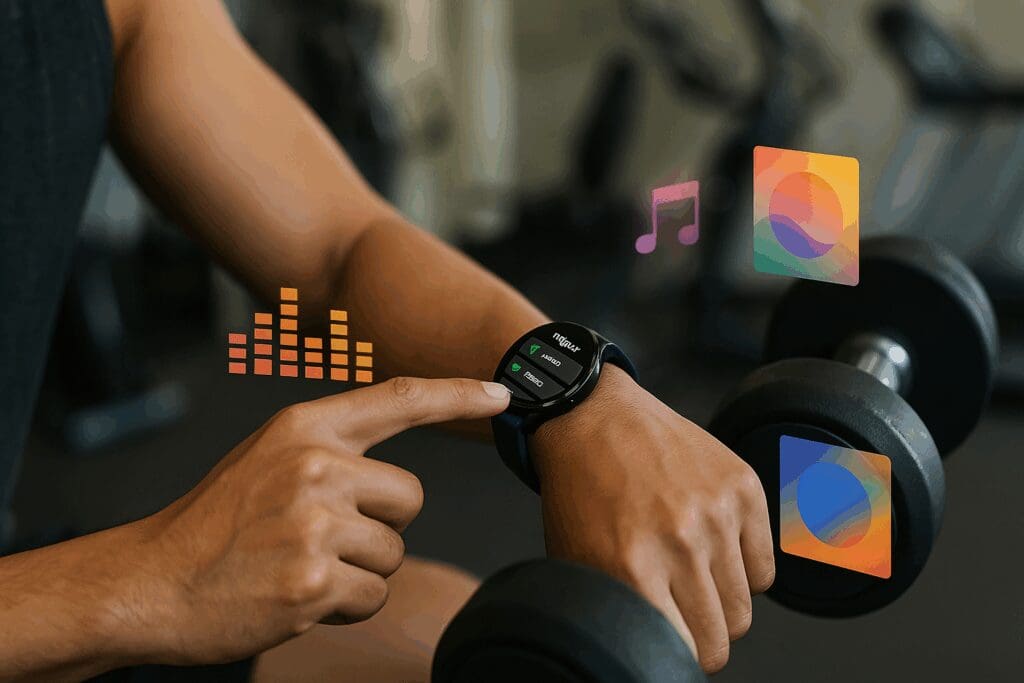 Man lifting weights in a gym while browsing music on a smartwatch, showcasing the best app for smart watches in Android.