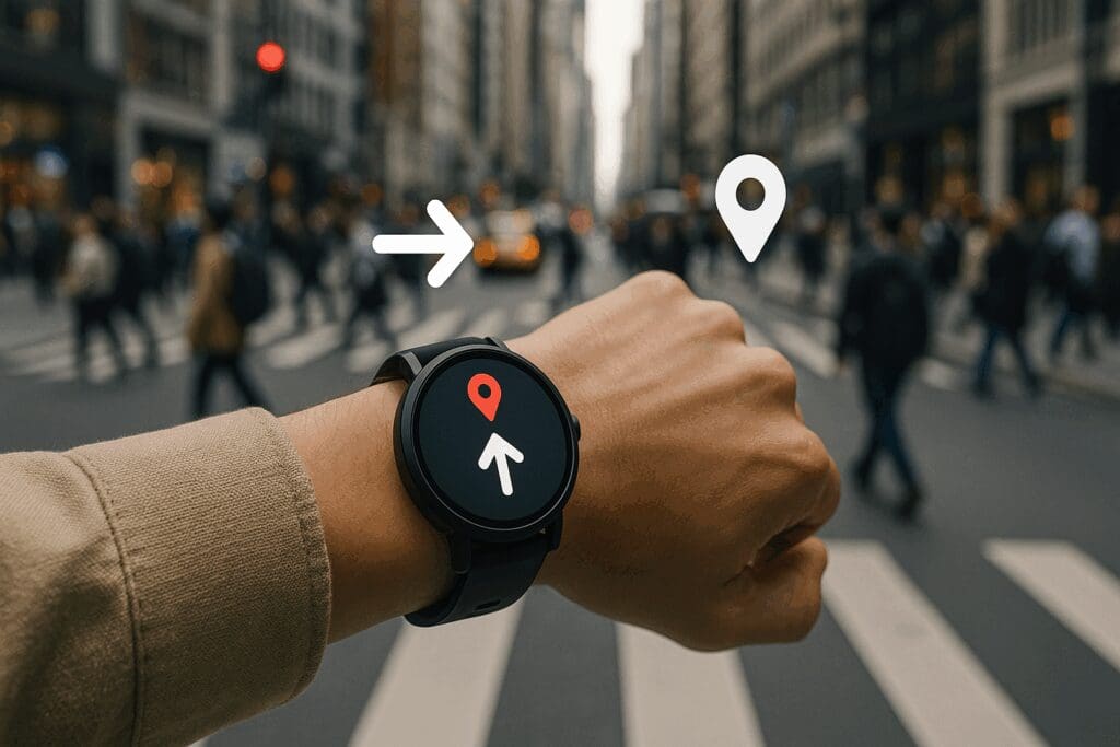Person checking turn-by-turn directions on Android smartwatch while crossing a busy city street, showcasing the best app for smart watches in android