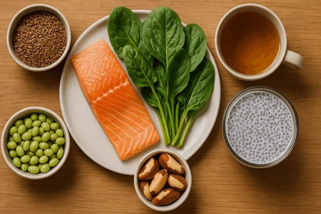 Meal of wild salmon, leafy greens, Brazil nuts, chia pudding, flaxseeds, soybeans, and herbal tea—foods that support how to stop thyroid hot flashes