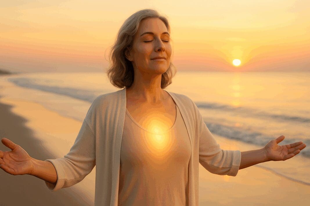 Calm midlife woman at sunrise on a beach with open arms, symbolizing peace and vitality through natural methods on how to stop thyroid hot flashes.
