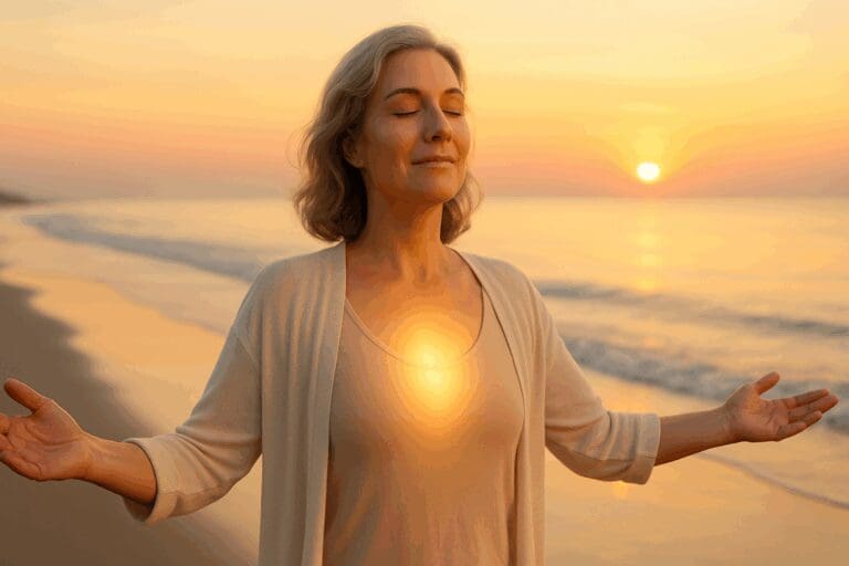 Calm midlife woman at sunrise on a beach with open arms, symbolizing peace and vitality through natural methods on how to stop thyroid hot flashes.