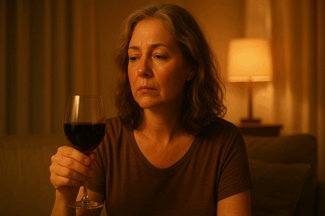 Midlife woman holding a wine glass alone in a warm-lit room, reflecting quietly—illustrating the link between perimenopause and alcohol.