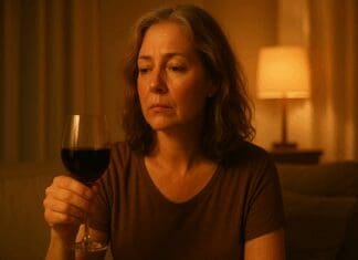 How Alcohol Affects Hot Flashes: A Vital Guide to Perimenopause and Alcohol Midlife woman holding a wine glass alone in a warm-lit room, reflecting quietly—illustrating the link between perimenopause and alcohol.